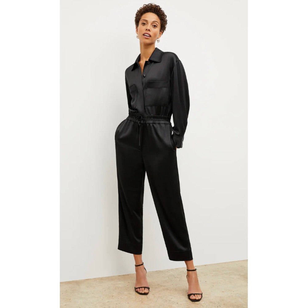 MM Lafleur Black Satin Button-Front Jumpsuit